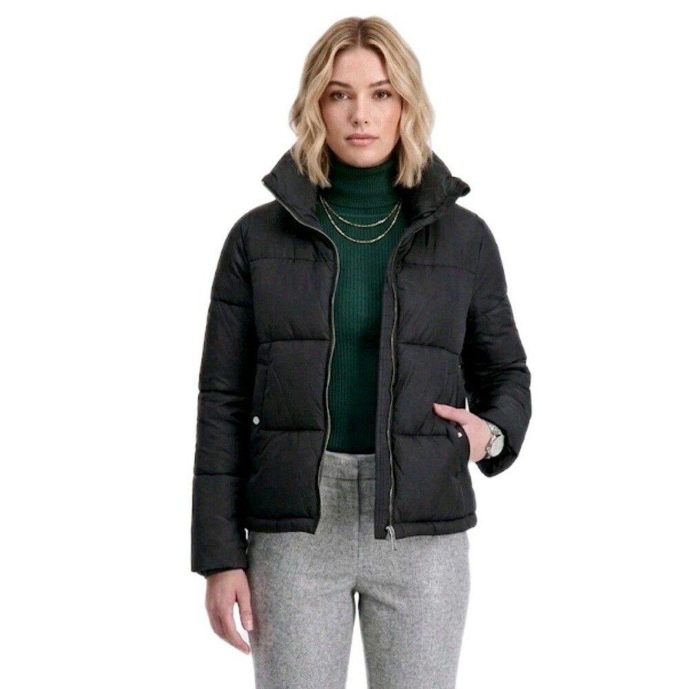 Hudson Women's Short Puffer Jacket Packable Stand Collar Midweight Black Size XL